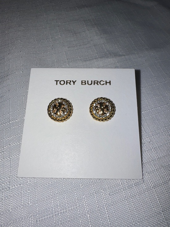 Tory Burch Jewelry - Tory Burch Gold-Tone Logo Crystal Round Stud Earrings